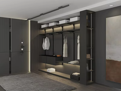 Modern Dark Wardrobe With Open Shelves Hanging Rods And Built in Lighting 3d model