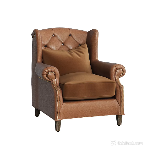 Classic Brown Leather Single Sofa With Button Tufted Back And Curved Arms 3d model