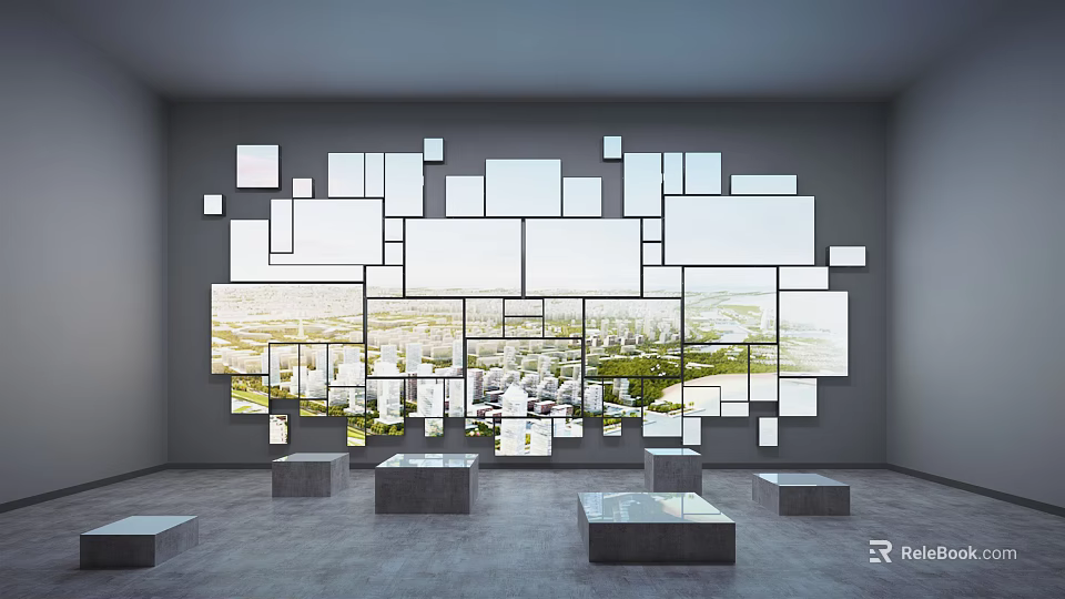 Contemporary Gallery Interior Featuring White Square Panel Arrangement With City View Through And Cube Platforms On Floor 3d model 