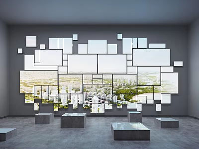 Contemporary Gallery Interior Featuring White Square Panel Arrangement With City View Through And Cube Platforms On Floor 3d model