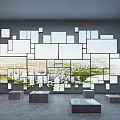 Contemporary Gallery Interior Featuring White Square Panel Arrangement With City View Through And Cube Platforms On Floor