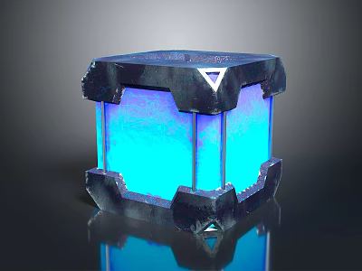 Modern Black Framed Cube Featuring Blue Glowing Interior And Base Reflection 3d model