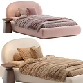 Pastel Pink And Beige Double Bed With Curved Headboard Striped Bedspread And Decorative Pillows
