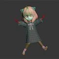 Anime Game Character With Pink Hair Cat Ears Green Eyes Gray Robe In Cheerful Pose