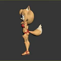 Animated Game Female Fox Character with Yellow Fur Blue Eyes Red Bikini and Long Tail