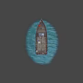 Wu Peng Blue And White Wooden Boat With Cabin Crane Ropes And Chimney On Water