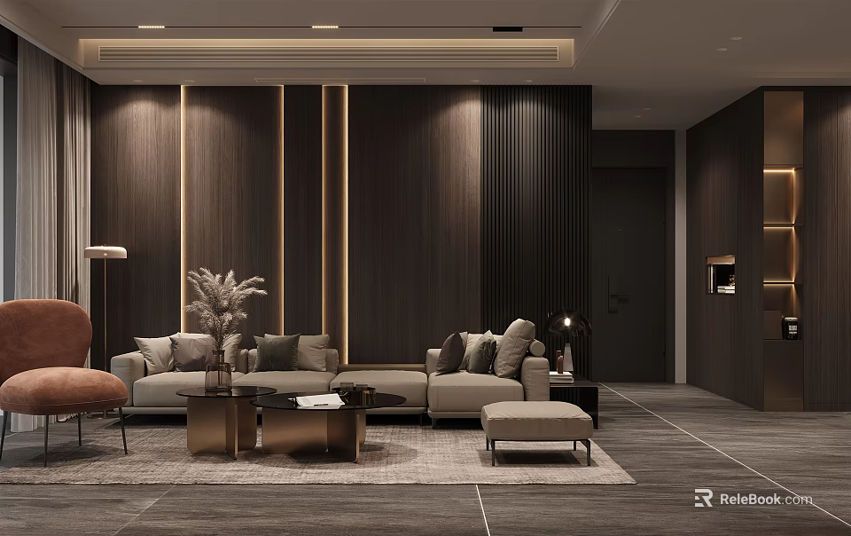Modern Living Dining Room Interior With Sofa Coffee Table And Wooden Panel Walls 3d model 