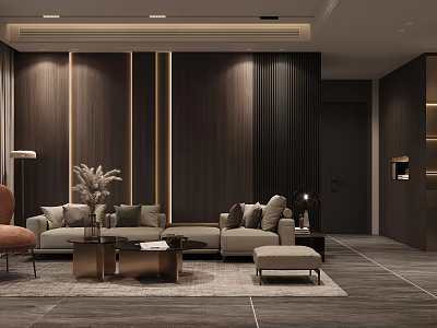 Modern Living Dining Room Interior With Sofa Coffee Table And Wooden Panel Walls 3d model