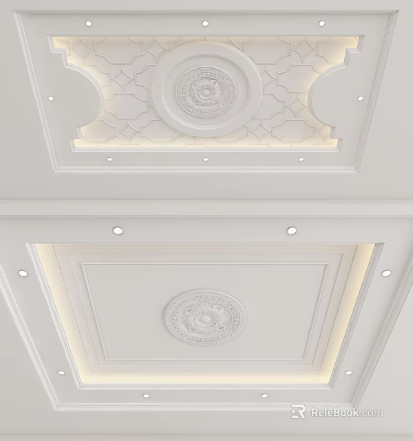Elegant White Ceiling Design Featuring Decorative Embossed Patterns And Recessed Lighting 3d model 