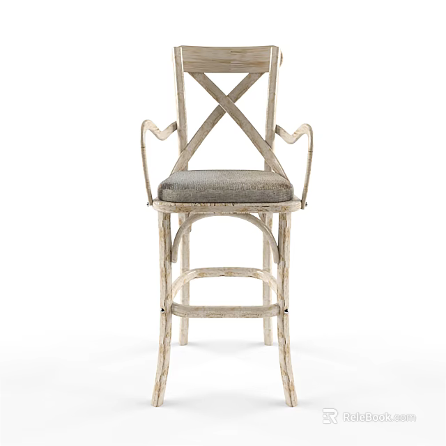 Rustic Wooden Bar Stool With Cross Back Design And Gray Upholstered Seat 3d model 