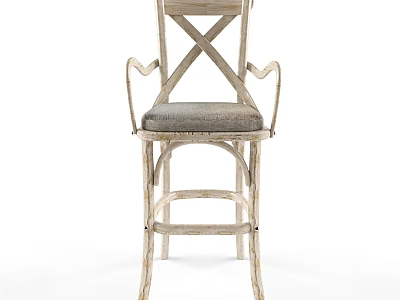 Rustic Wooden Bar Stool With Cross Back Design And Gray Upholstered Seat 3d model