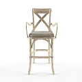 Rustic Wooden Bar Stool With Cross Back Design And Gray Upholstered Seat