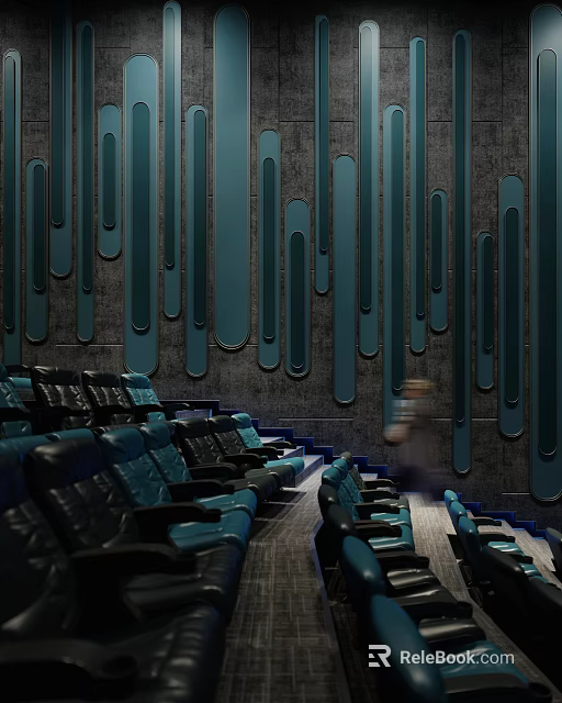 Modern Cinema Interior With Comfortable Blue Leather Seats And Decorative Wall Panels 3d model 