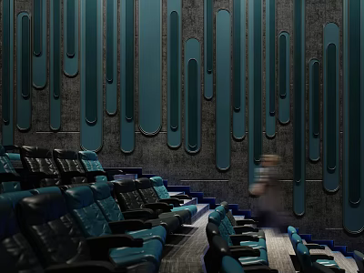 Modern Cinema Interior With Comfortable Blue Leather Seats And Decorative Wall Panels 3d model