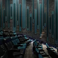 Modern Cinema Interior With Comfortable Blue Leather Seats And Decorative Wall Panels