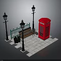 Street Scene Components With Red Telephone Booth Black Street Lamps And Wooden Bench