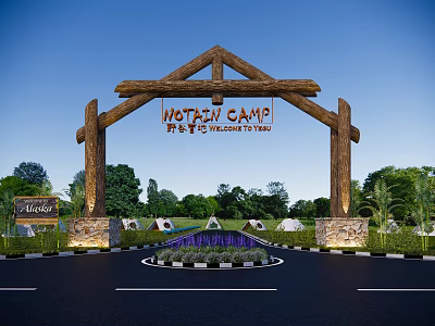 Wooden Entrance Gate of Notre Camp with Welcome Sign Surrounded by Greenery and Tents 3d model