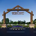 Wooden Entrance Gate of Notre Camp with Welcome Sign Surrounded by Greenery and Tents