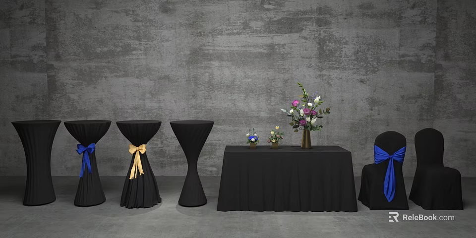Black Tablecloth Covered Tables And Chair With Blue Bows Flower Vases And Bouquets 3d model 