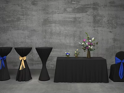 Black Tablecloth Covered Tables And Chair With Blue Bows Flower Vases And Bouquets 3d model