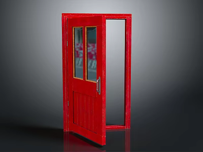 Red Open Wooden Door With Glass Panes For Home Interior Furniture Design 3d model