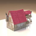 Cartoon Scene Cute Small House with Red Roof Tower Wooden Windows and Cart Wheel Decoration