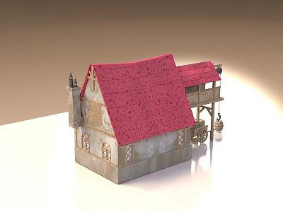 Cartoon Scene Cute Small House with Red Roof Tower Wooden Windows and Cart Wheel Decoration 3d model