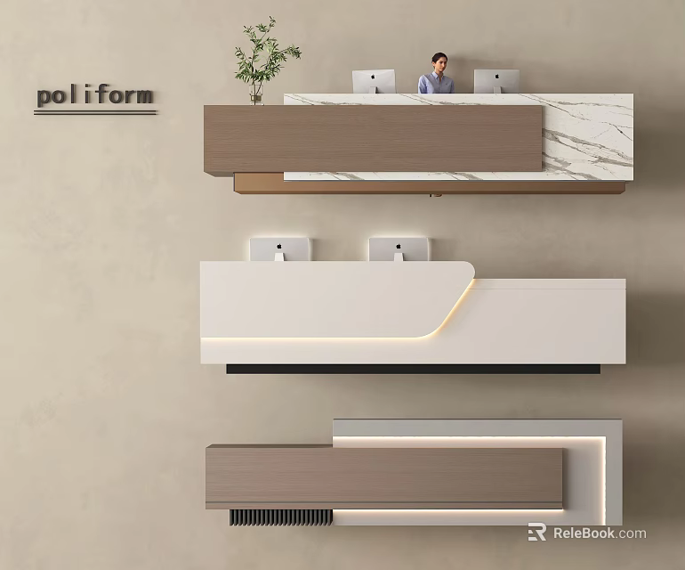 Modern Poliform Reception Desk Design With Various Styles Marble Top Wooden Frame And LED Lighting 3d model 