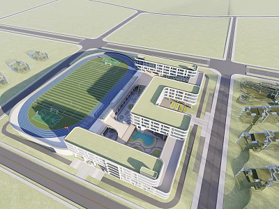 Modern School Building Complex With Sports Field Running Track And Green Courtyard 3d model