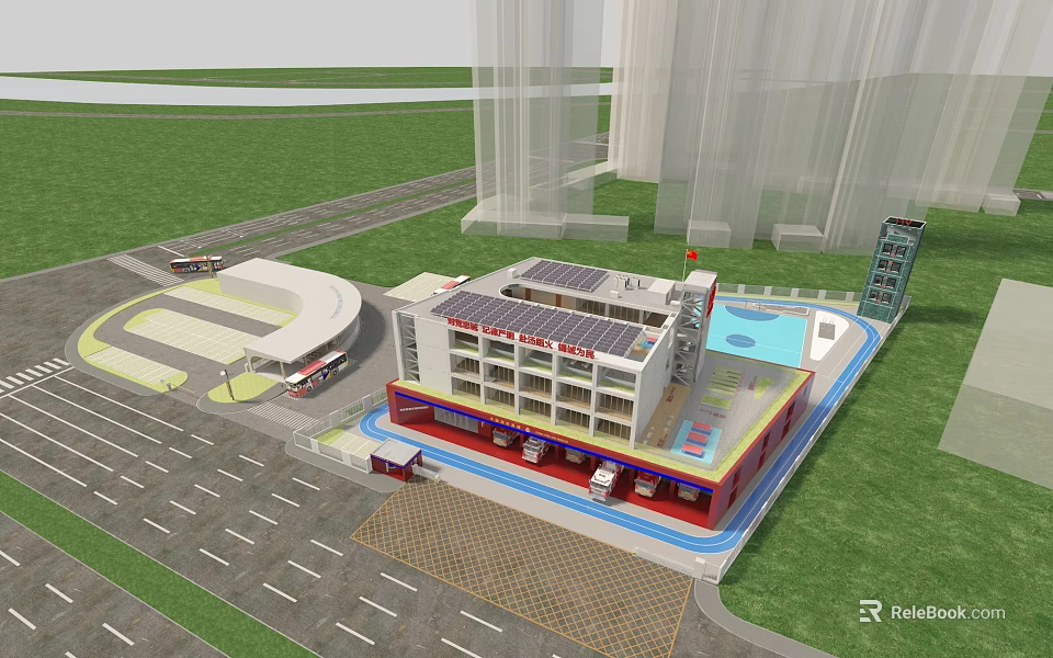 Modern Fire Station Building With Solar Panels National Flag Training Area And Fire Trucks 3d model 