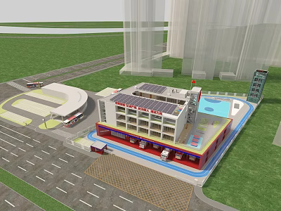 Modern Fire Station Building With Solar Panels National Flag Training Area And Fire Trucks 3d model