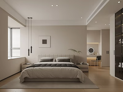 Modern Bedroom Interior With Neutral Tones Double Bed Pendant Lights Wall Art And Wardrobe 3d model
