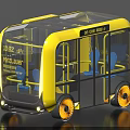 Yellow City Mobi Autonomous Shuttle With Transparent Windows Blue Seats And Orange Wheels
