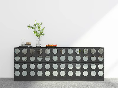 Modern Black Entryway Console Table With Circular Designs Green Plant Vase Fruits And Decor 3d model