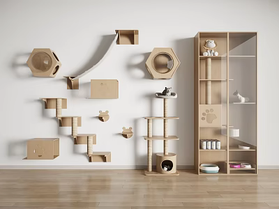 Wooden Cat Climbing Furniture With Wall Mounted Hexagonal Shelves And Paw Print Cabinet 3d model