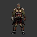 Ancient Warrior In Traditional Ornate Armor With Decorative Chest Plate And Red Sash