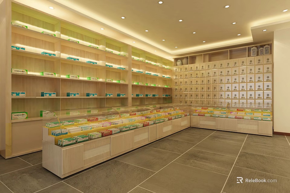 Organized Pharmacy Specialty Store With Shelves Medication Products And Service Counters 3d model 