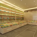 Organized Pharmacy Specialty Store With Shelves Medication Products And Service Counters