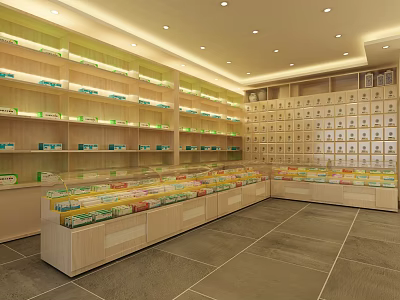 Organized Pharmacy Specialty Store With Shelves Medication Products And Service Counters 3d model