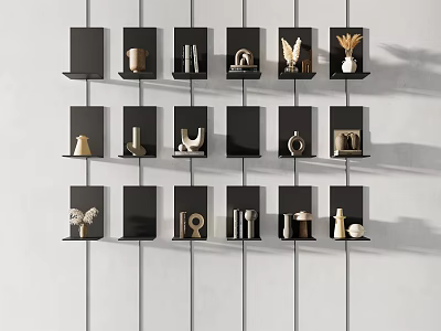 Light Gray Background Wall With Neatly Arranged Black Shelves And Gold White Decorations 3d model