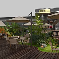 Cozy Outdoor Café With Wooden Deck White Umbrellas Tables And Green Plants
