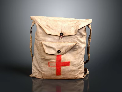 Vintage Canvas Medical Equipment Backpack With Red Cross Symbol And Straps 3d model