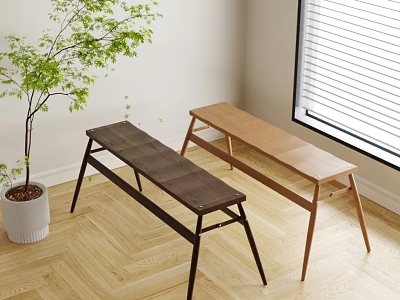 Two Long Wooden Stools In Bright Indoor Area With Green Plant And Window Blinds 3d model
