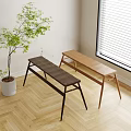 Two Long Wooden Stools In Bright Indoor Area With Green Plant And Window Blinds