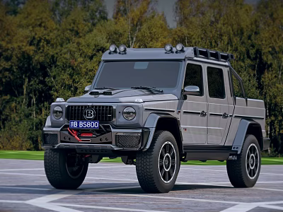 Gray Off Road Pickup Truck With Roof Lights Parked On Outdoor Road Near Green Trees 3d model