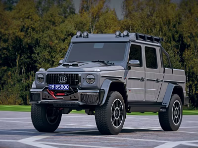 Gray Off Road Pickup Truck With Roof Lights Parked On Outdoor Road Near Green Trees 3d model