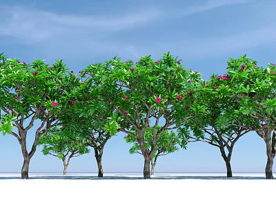 Arboreal Trees With Lush Green Foliage And Pink Flowers Against Blue Sky 3d model