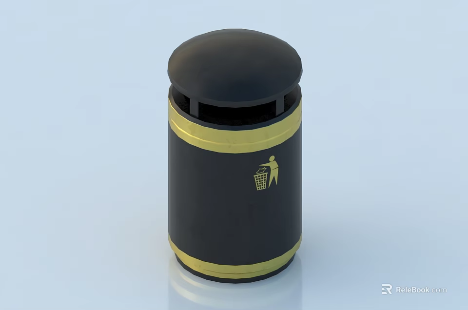 Public Trash Can With Black Body Golden Stripes And Waste Disposal Symbol 3d model 