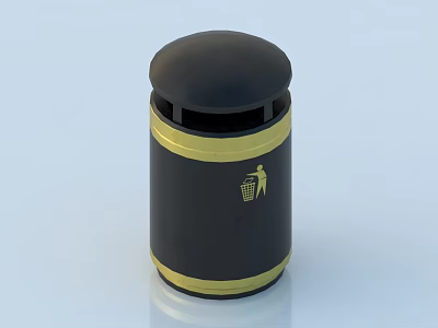 Public Trash Can With Black Body Golden Stripes And Waste Disposal Symbol 3d model