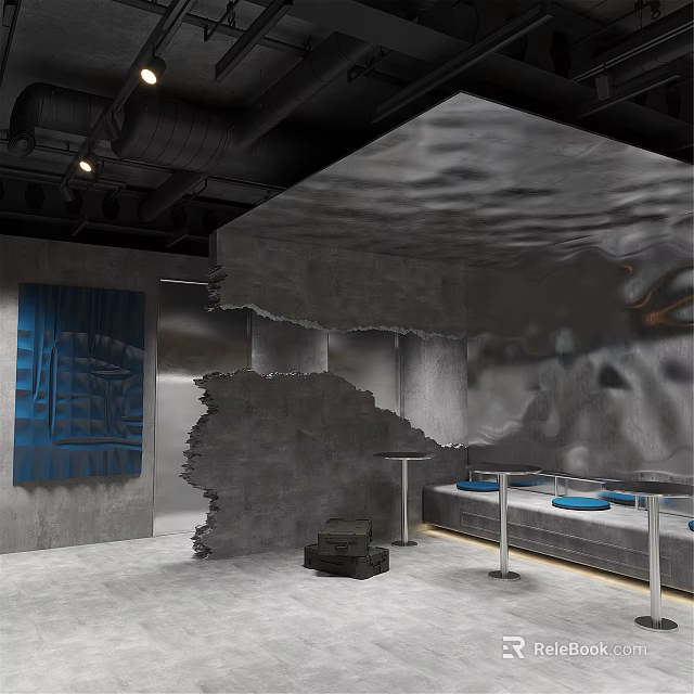 Modern Industrial Milk Tea Shop Interior With Gray Concrete Walls Blue Fabric And Pendant Lights 3d model 